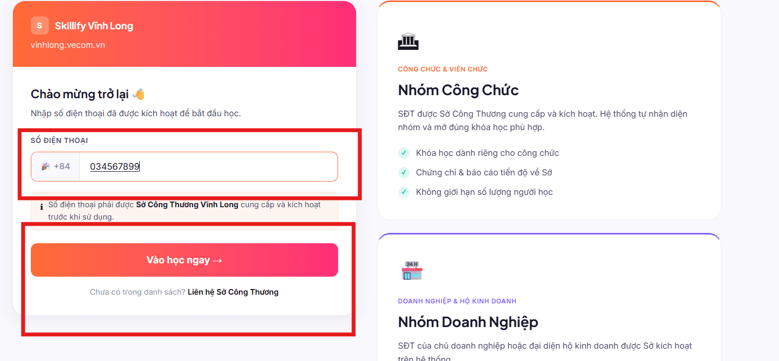 Form đăng nhập bằng số điện thoại