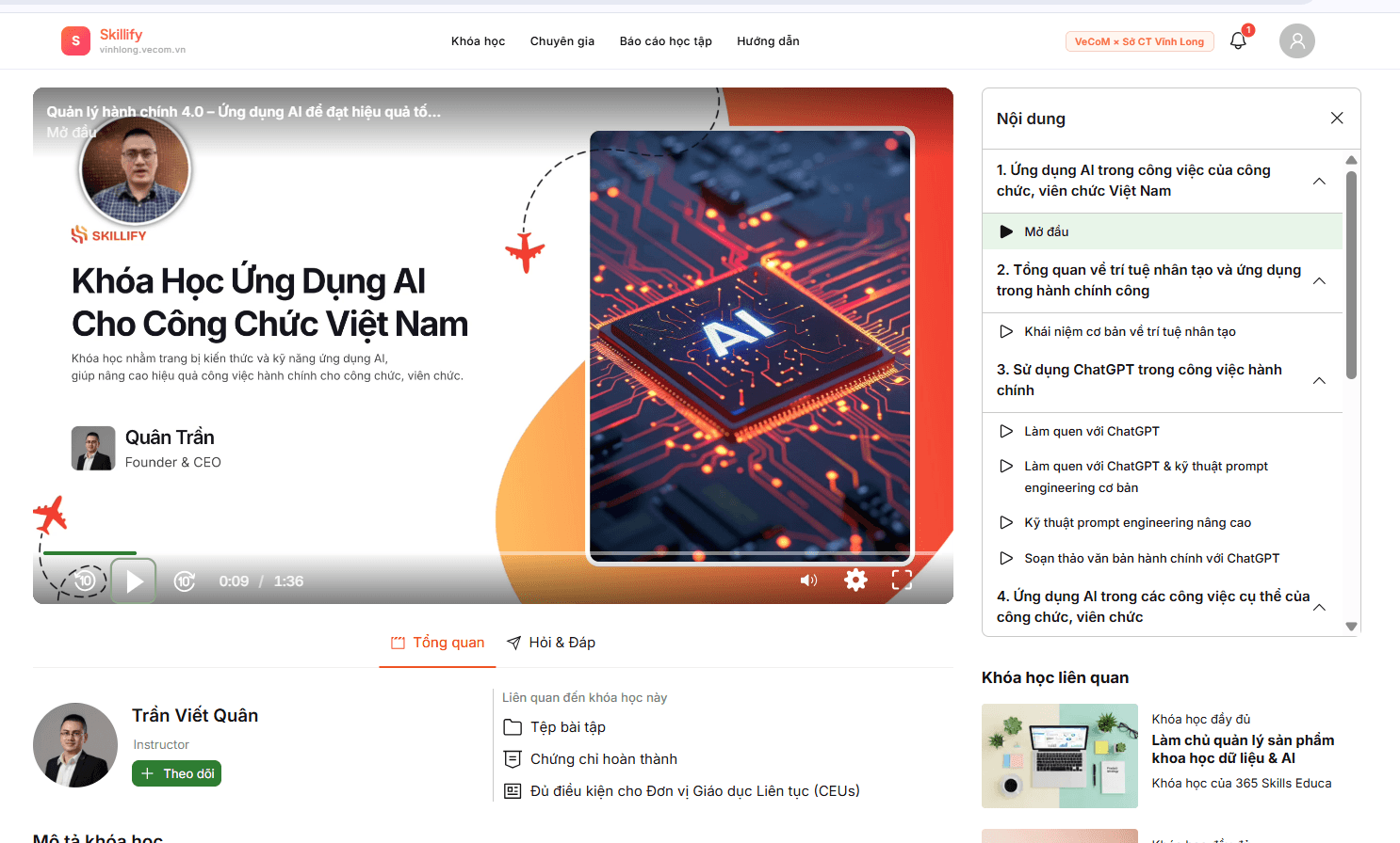 Giao diện học tập với video và nội dung
